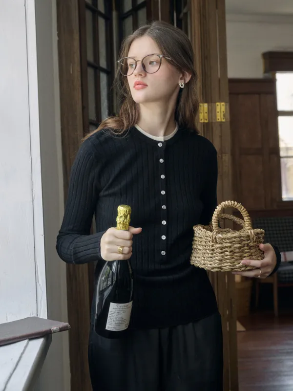 Keilani Contrast Crew Neck Button-Front 100% Wool Top - Black sold by Simple Retro