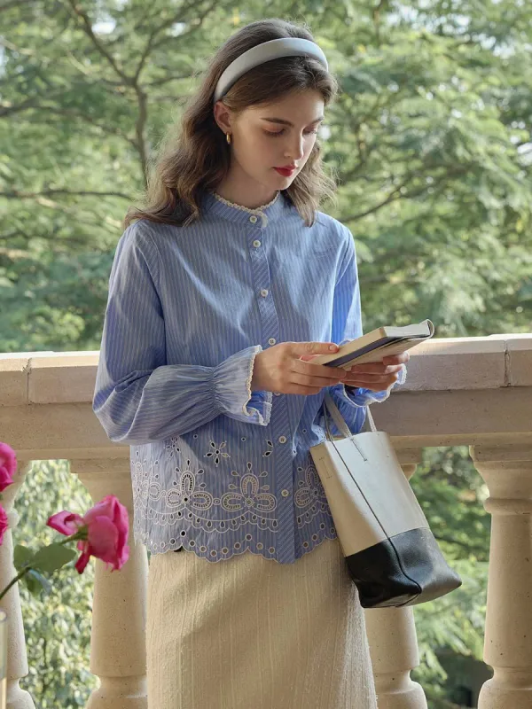 Selena Contrast Lace Mock Neck Hollow Embroidered Blouse sold by Simple Retro