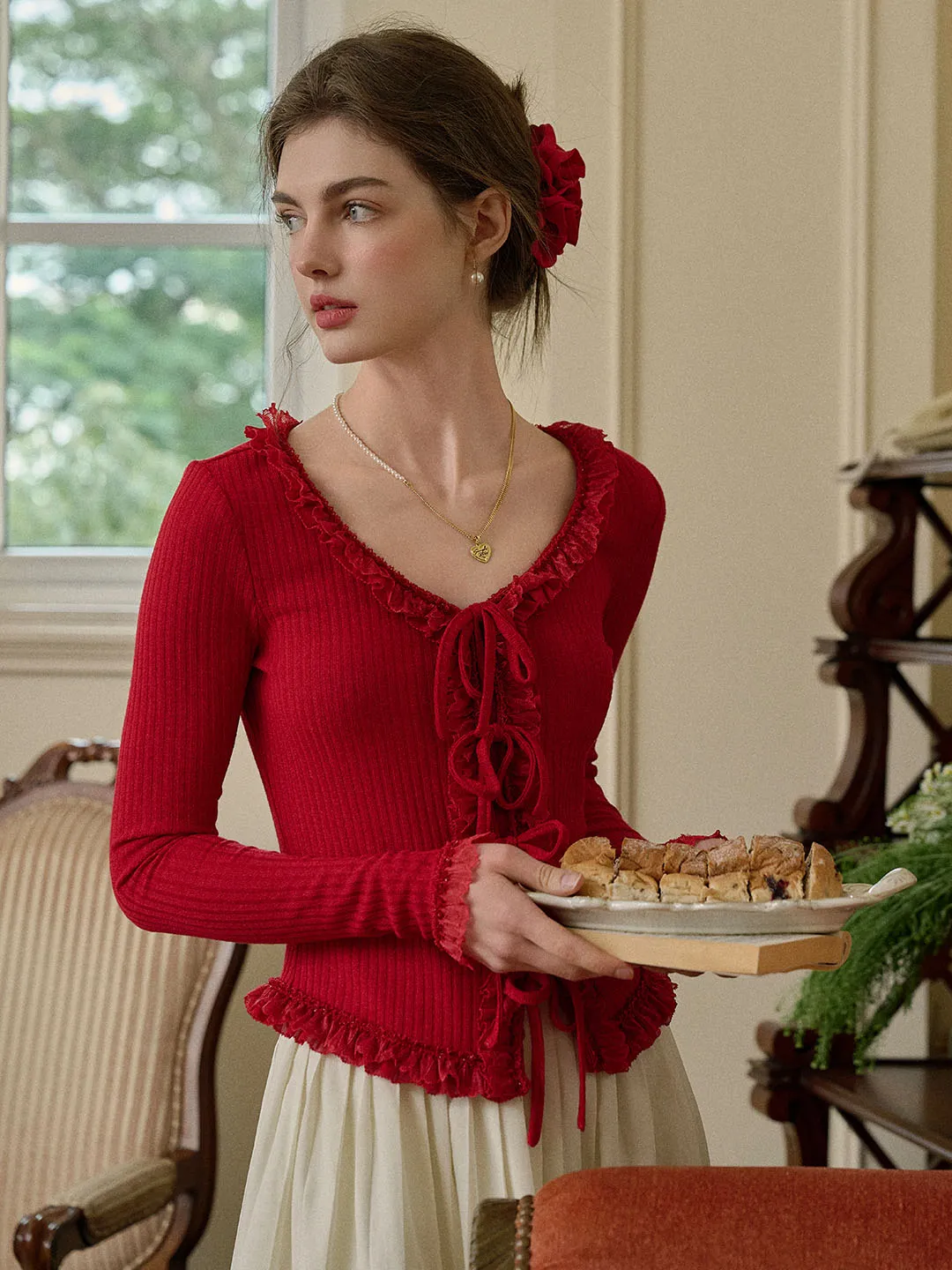 Phoebe U-neck Bow Lace Patchwork Knitted Cardigan sold by Simple Retro product image thumbnail 5
