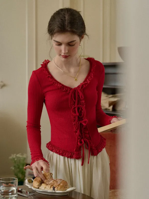 Phoebe U-neck Bow Lace Patchwork Knitted Cardigan sold by Simple Retro