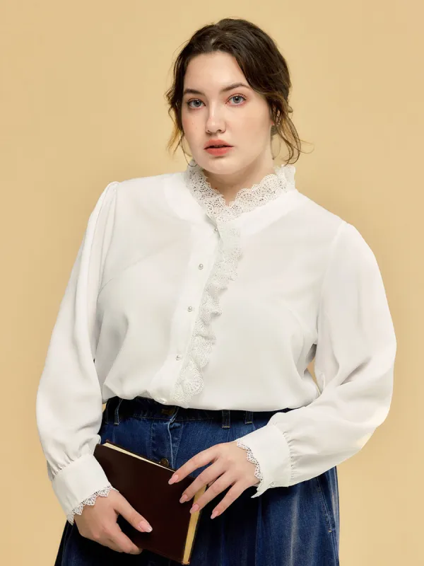 Plus Size Hanna Puff Sleeve White Lace Blouse sold by Simple Retro