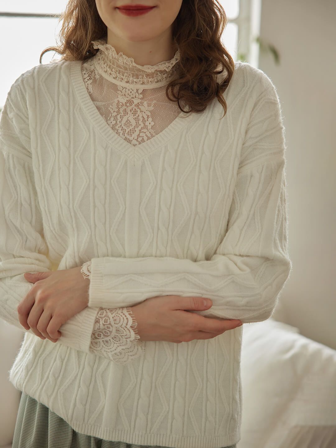 Evie V-neck White Cable Sweater sold by Simple Retro