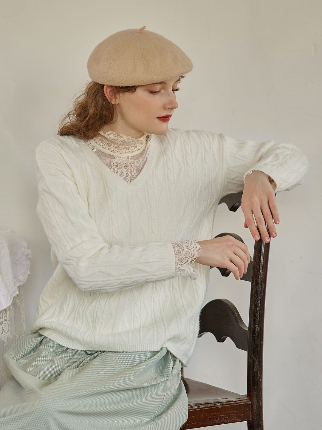 Evie V-neck White Cable Sweater sold by Simple Retro product image thumbnail 5
