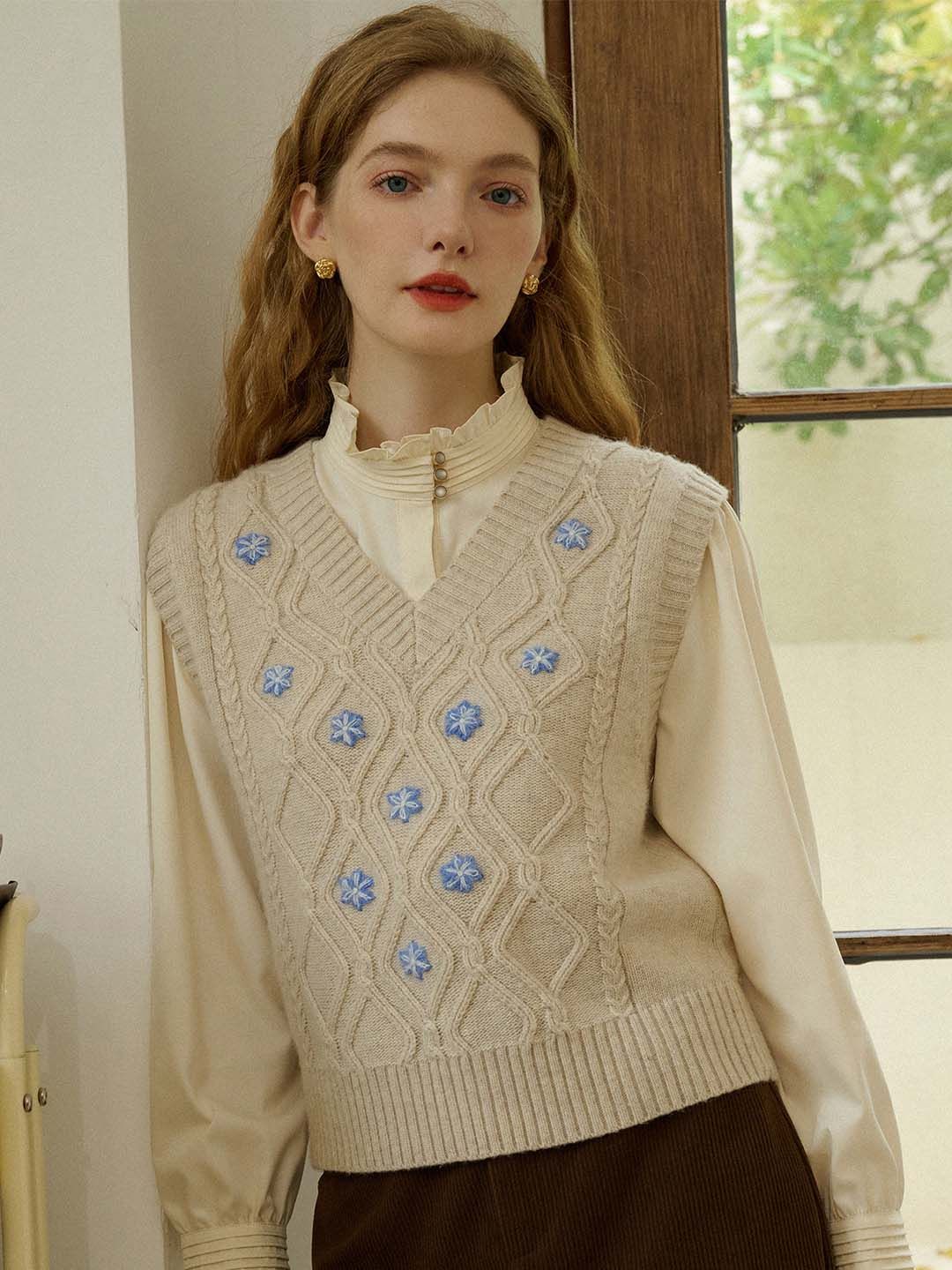 Riley V-Neck Floral Embroidered Sweater Vest sold by Simple Retro