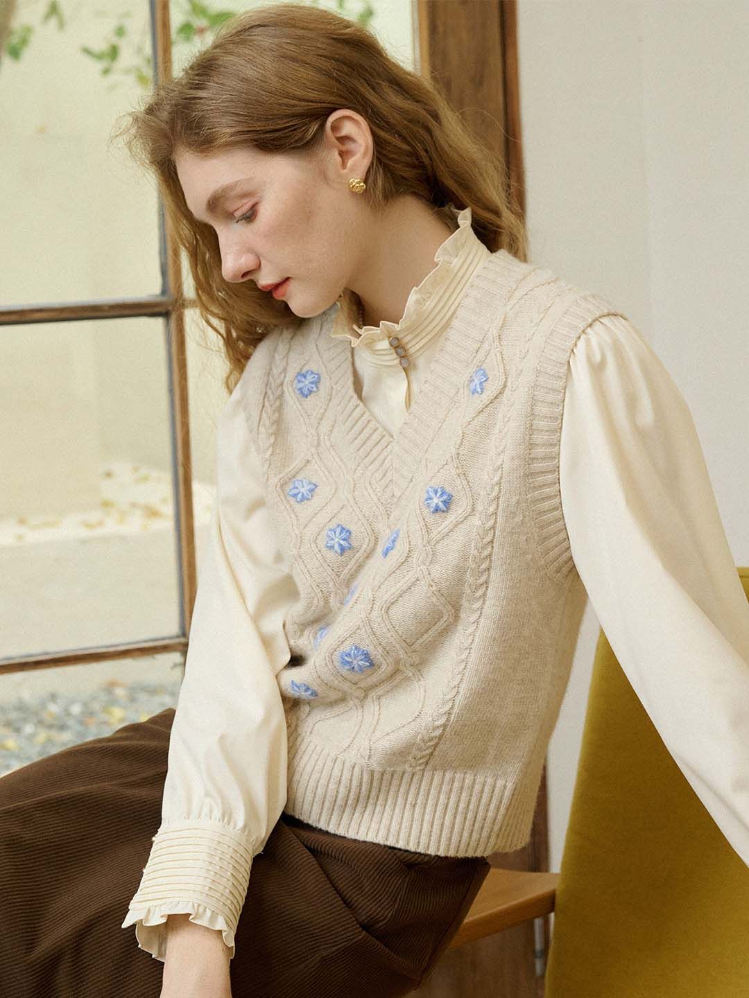 Riley V-Neck Floral Embroidered Sweater Vest sold by Simple Retro product image thumbnail 6