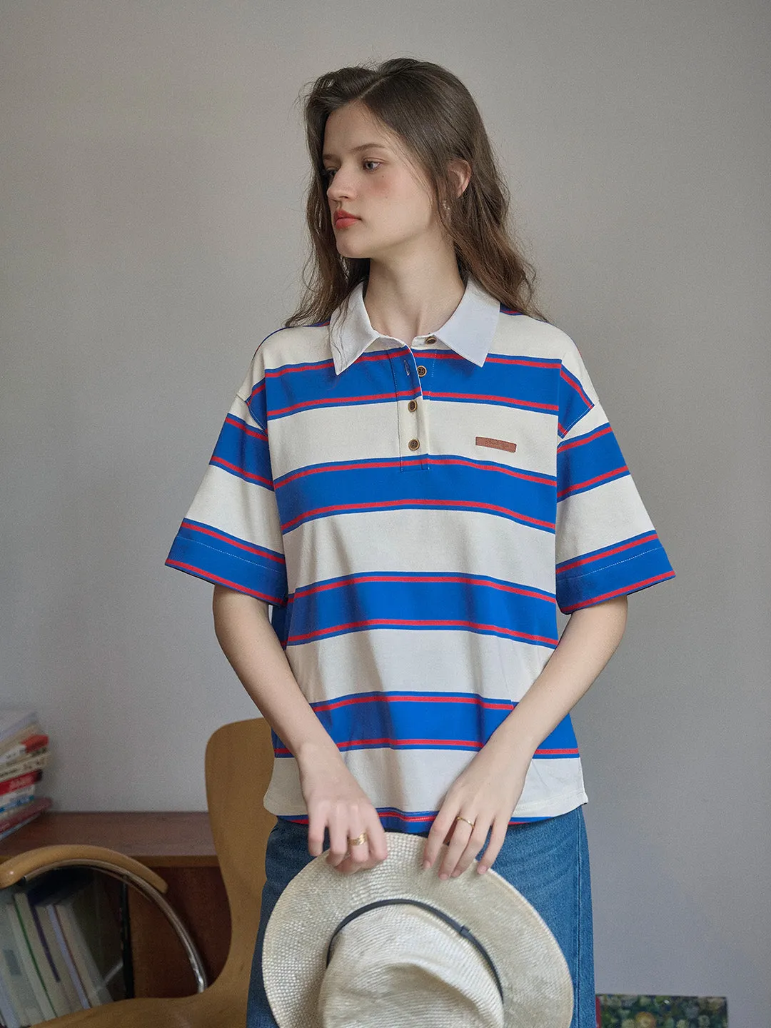 Mavis SR Logo Polo Collar Contrast Striped Short Sleeve T-shirt sold by Simple Retro product image thumbnail 5