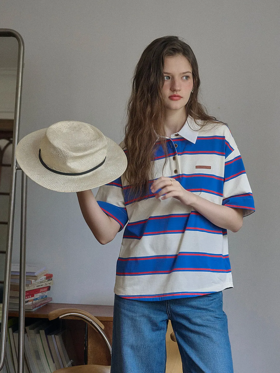 Mavis SR Logo Polo Collar Contrast Striped Short Sleeve T-shirt sold by Simple Retro product image thumbnail 2