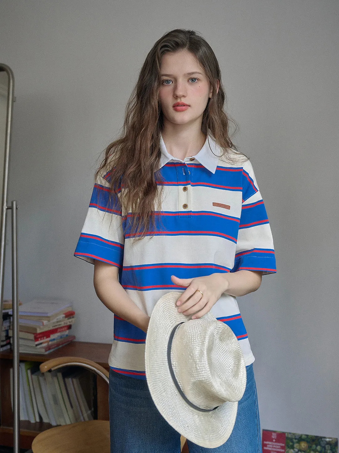 Mavis SR Logo Polo Collar Contrast Striped Short Sleeve T-shirt sold by Simple Retro product image thumbnail 3