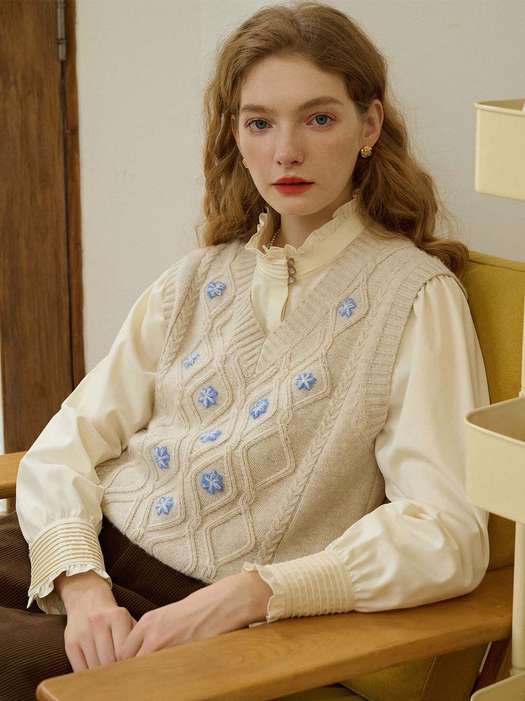 Riley V-Neck Floral Embroidered Sweater Vest sold by Simple Retro product image thumbnail 3