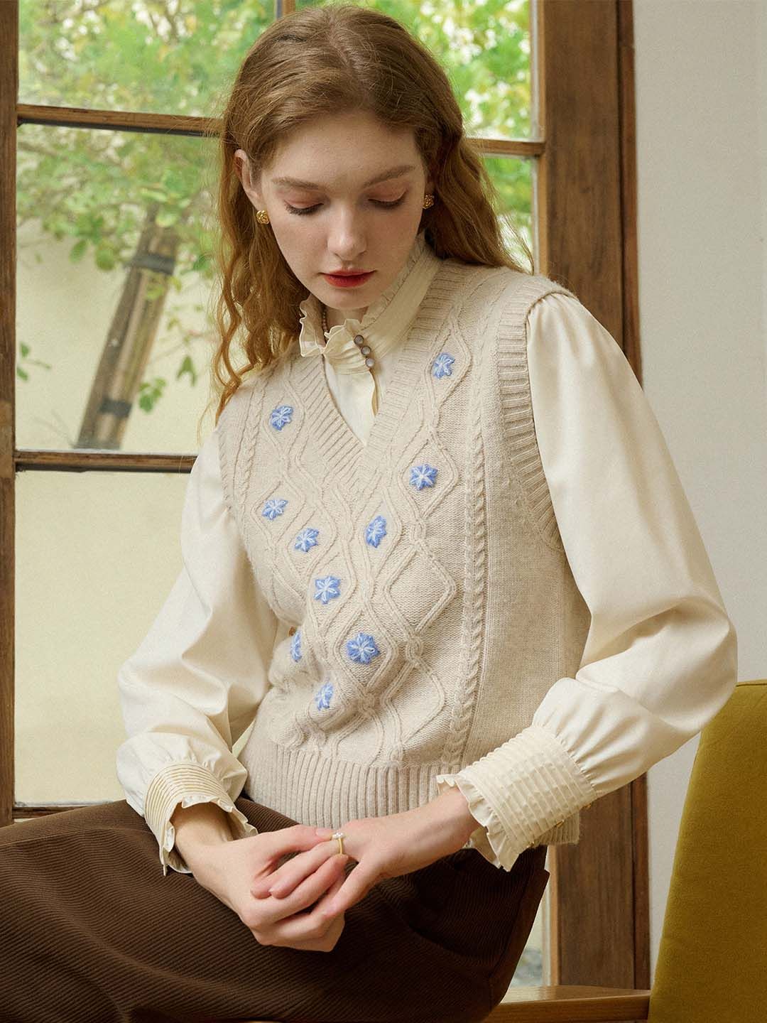 Riley V-Neck Floral Embroidered Sweater Vest sold by Simple Retro product image thumbnail 2