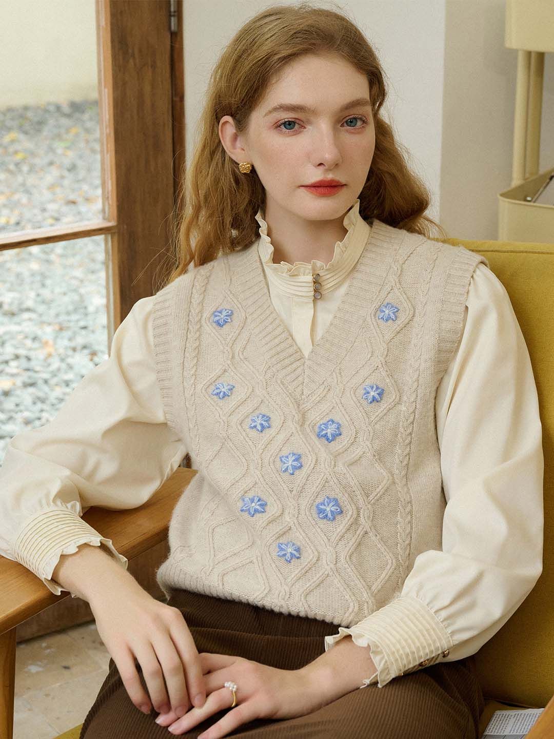 Riley V-Neck Floral Embroidered Sweater Vest sold by Simple Retro product image thumbnail 4