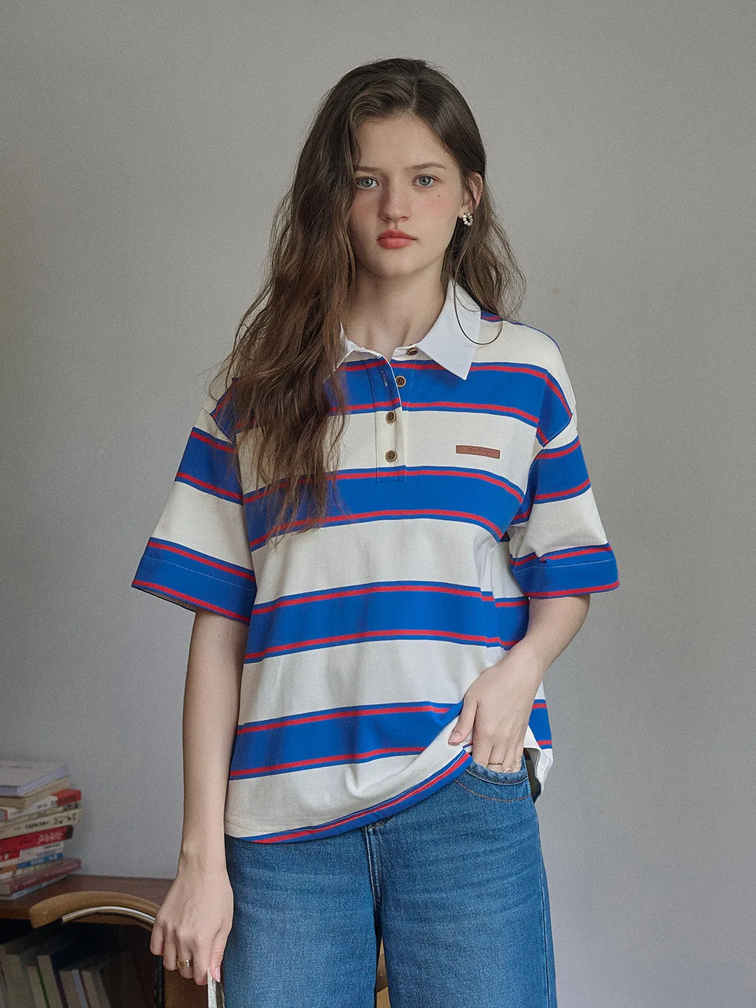 Mavis SR Logo Polo Collar Contrast Striped Short Sleeve T-shirt sold by Simple Retro
