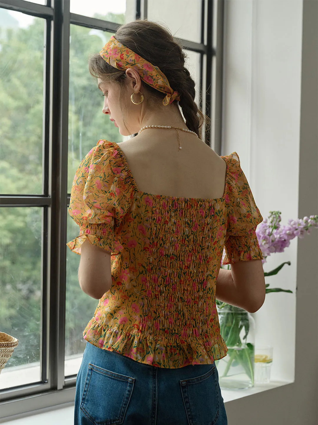 Alivia Floral Print Tie Neck Heart Shaped Collar Orange Blouse sold by Simple Retro product image thumbnail 5