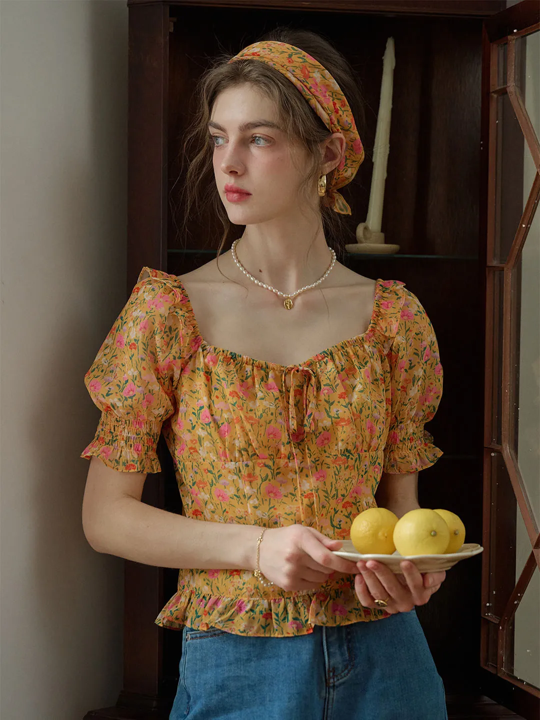 Alivia Floral Print Tie Neck Heart Shaped Collar Orange Blouse sold by Simple Retro product image thumbnail 2