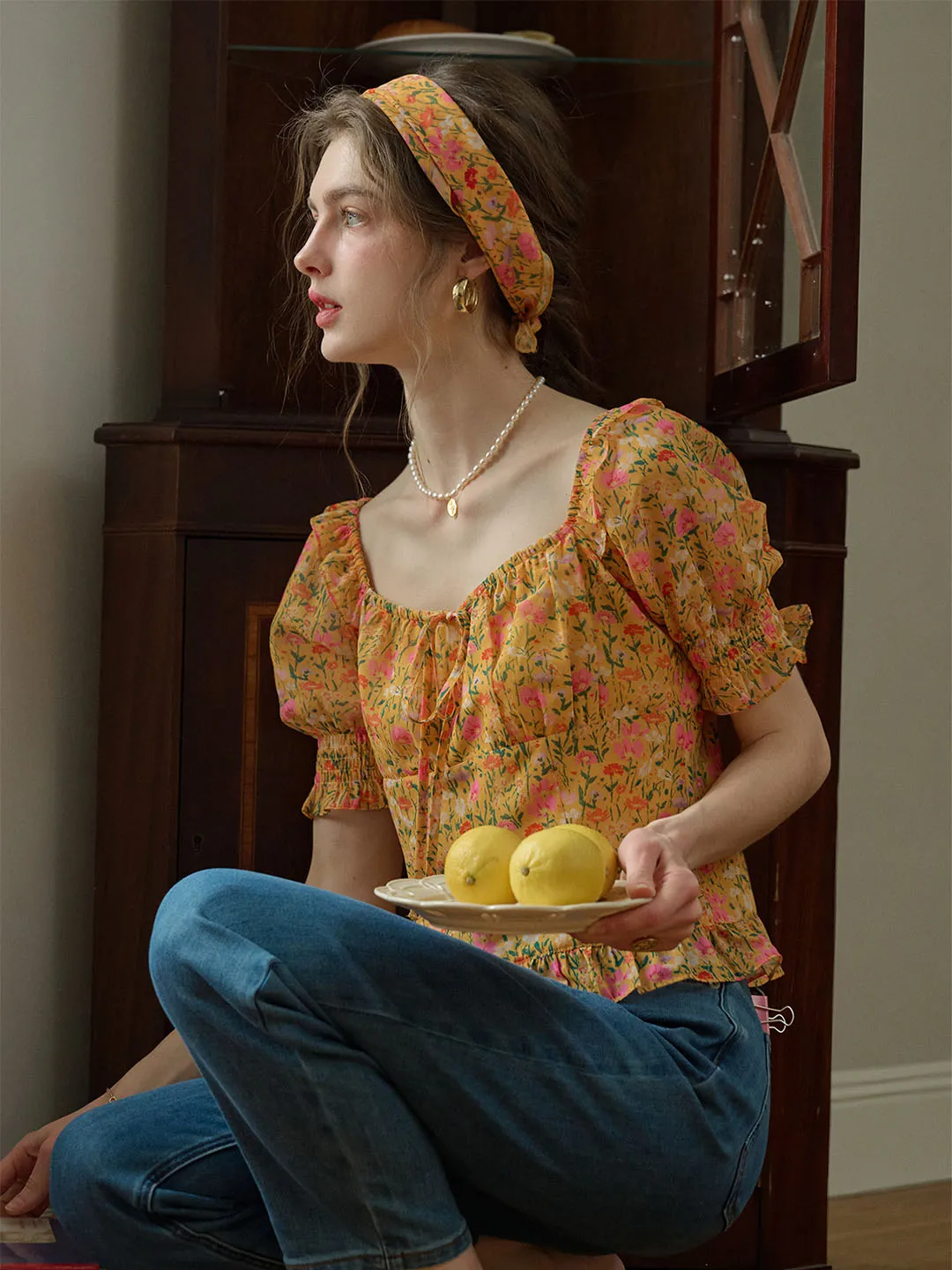 Alivia Floral Print Tie Neck Heart Shaped Collar Orange Blouse sold by Simple Retro product image thumbnail 4