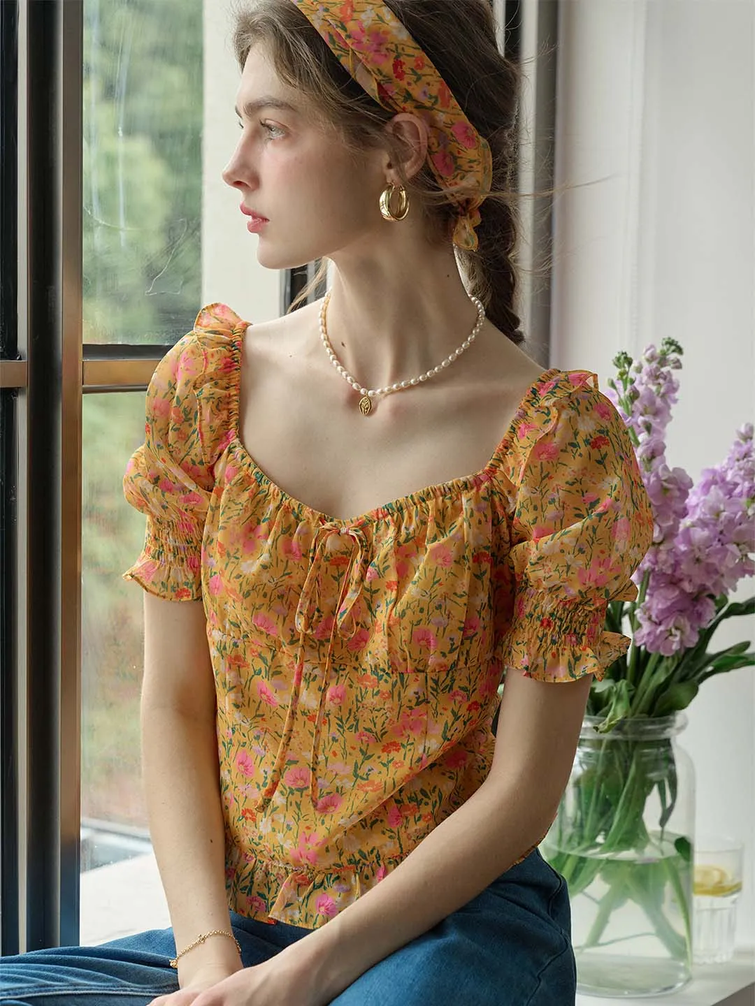 Alivia Floral Print Tie Neck Heart Shaped Collar Orange Blouse sold by Simple Retro product image thumbnail 3
