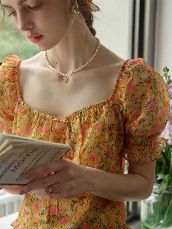 Alivia Floral Print Tie Neck Heart Shaped Collar Orange Blouse sold by Simple Retro