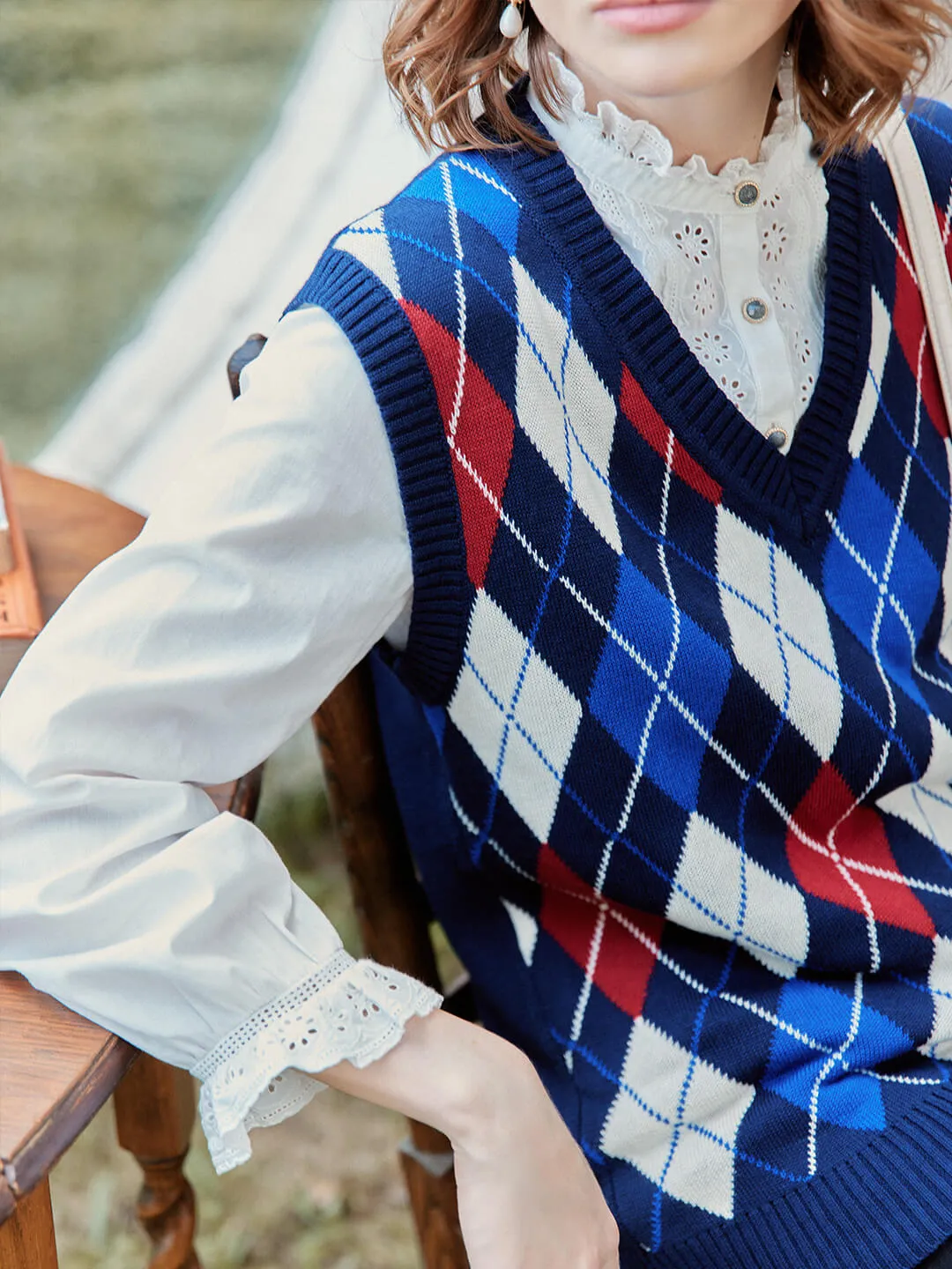 【Final Sale】Jolene Argyle Patterned Knit Vest Sweater sold by Simple Retro