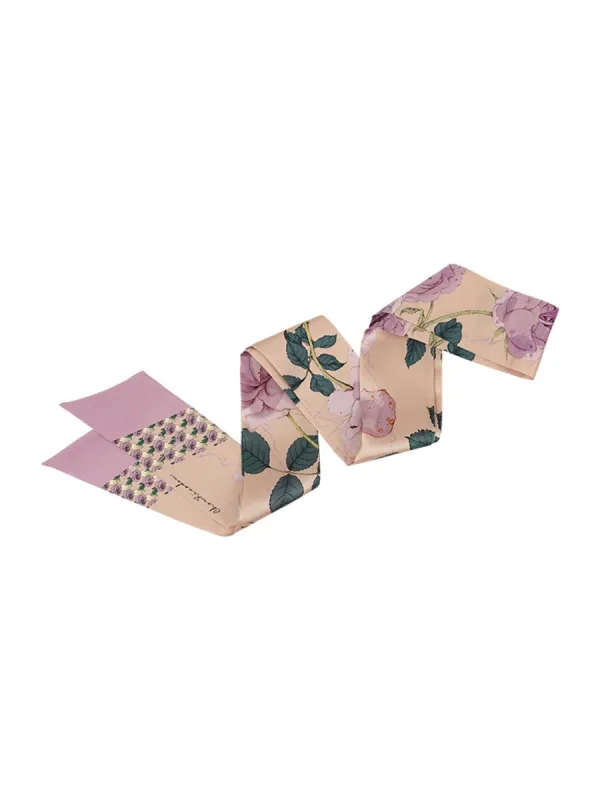 Chowxiaodou Rose Printed Satin Silk Narrow Scarf sold by Simple Retro