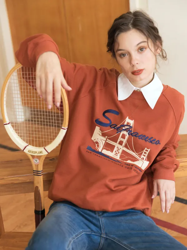 Lola Graphic Embroidery Crewneck Red Fleece Sweatshirt sold by Simple Retro