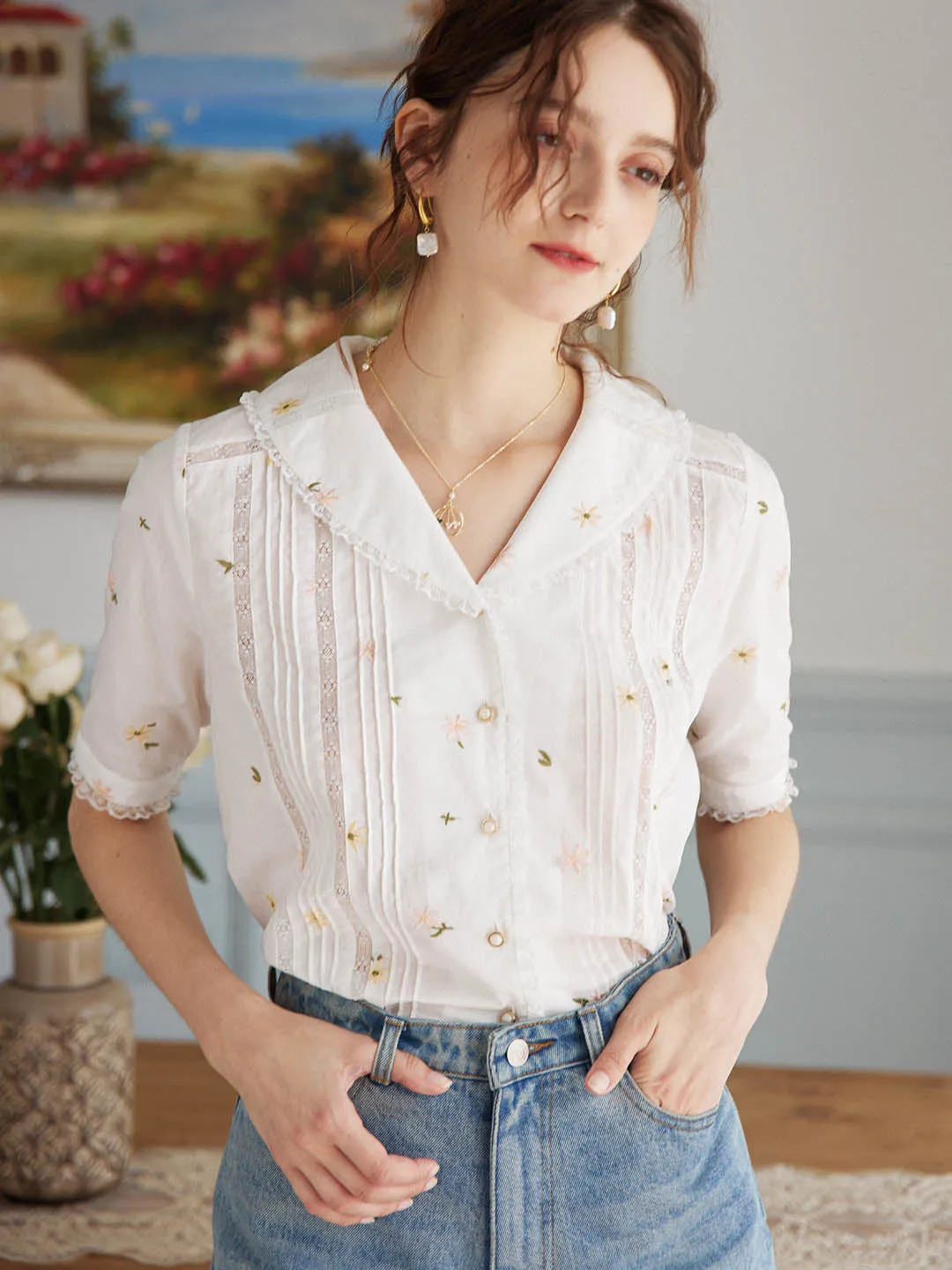 Erin 100% Cotton V-Neck Blouse sold by Simple Retro product image thumbnail 5