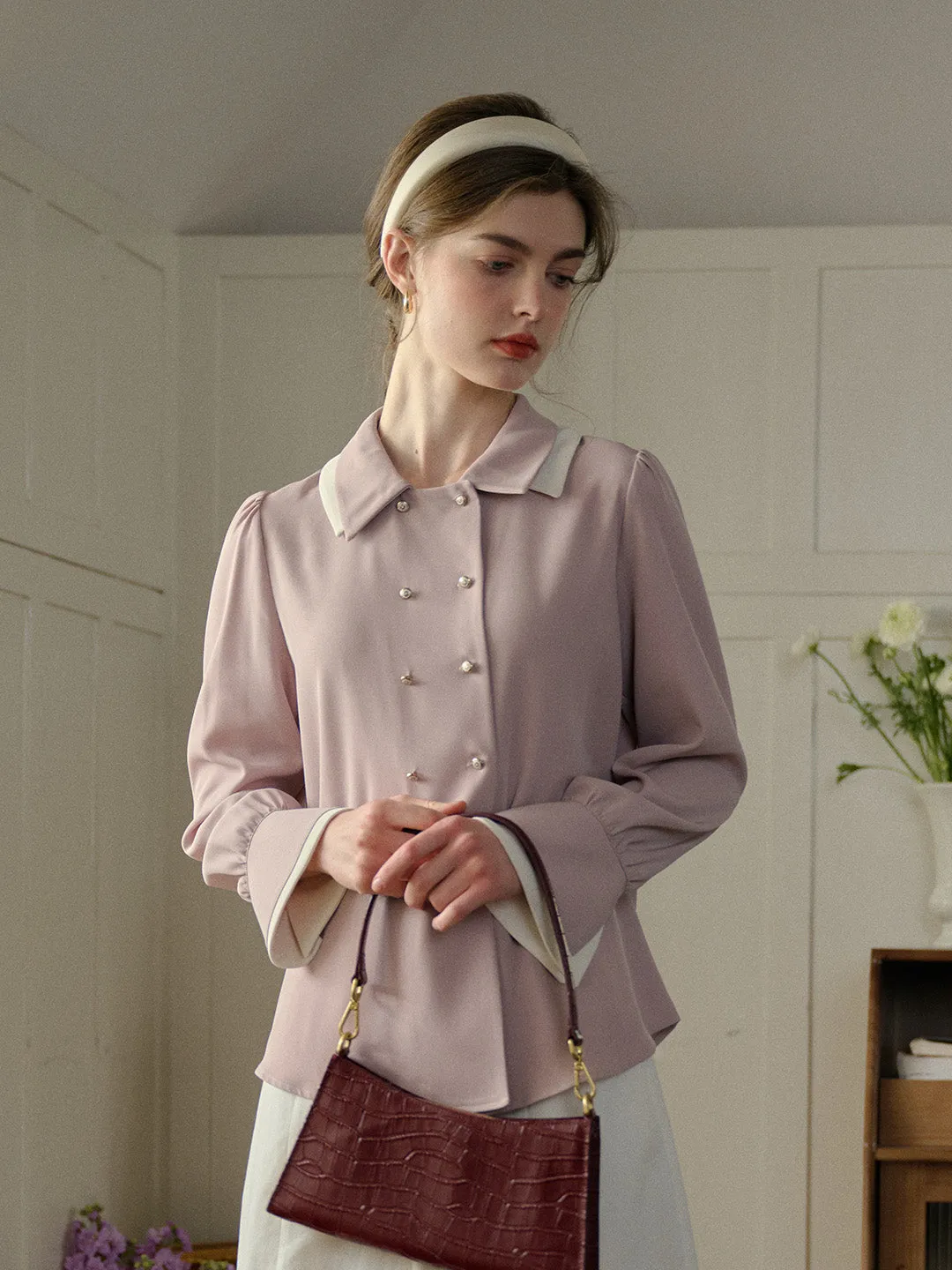 【Final Sale】Rebekah Vintage Double Breasted Colorblock Collar Blouse sold by Simple Retro product image thumbnail 2