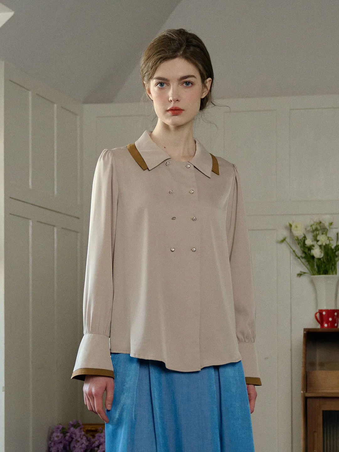 【Final Sale】Rebekah Vintage Double Breasted Colorblock Collar Blouse sold by Simple Retro product image thumbnail 3
