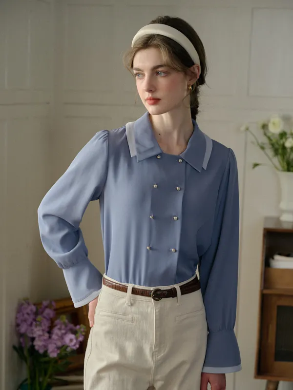 【Final Sale】Rebekah Vintage Double Breasted Colorblock Collar Blouse made by Simple Retro