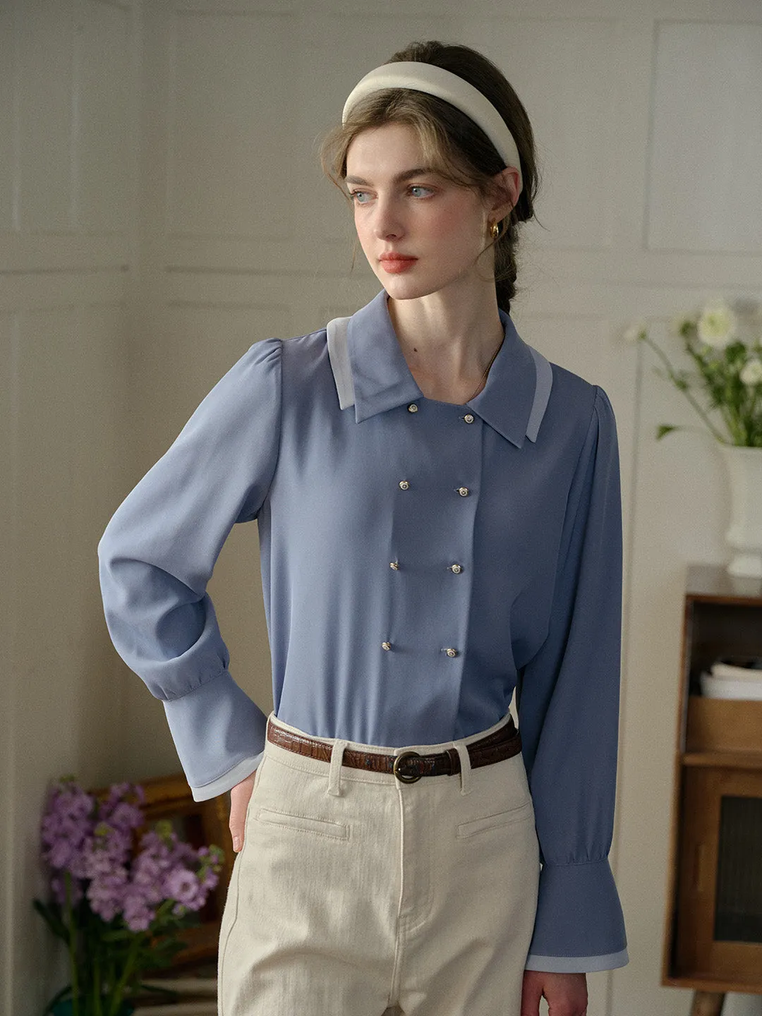【Final Sale】Rebekah Vintage Double Breasted Colorblock Collar Blouse sold by Simple Retro
