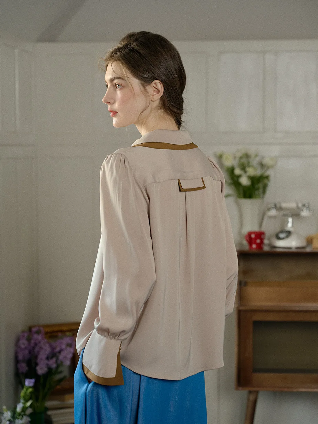 【Final Sale】Rebekah Vintage Double Breasted Colorblock Collar Blouse sold by Simple Retro product image thumbnail 5
