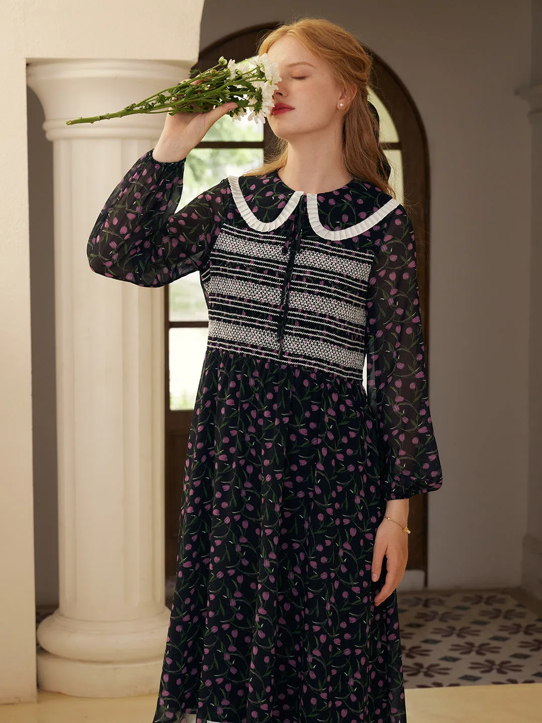 【Final Sale】Alisson Peter Pan Collar Lace-up Floral Print Dress sold by Simple Retro product image thumbnail 4