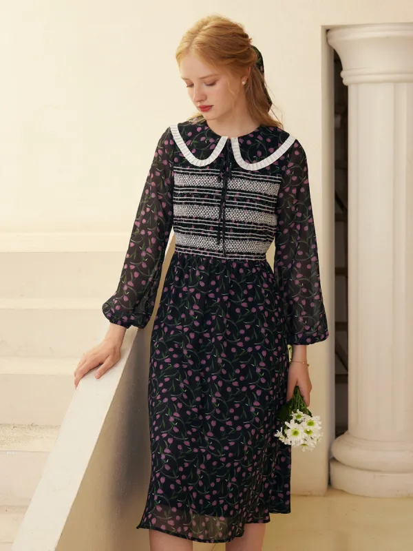 【Final Sale】Alisson Peter Pan Collar Lace-up Floral Print Dress sold by Simple Retro