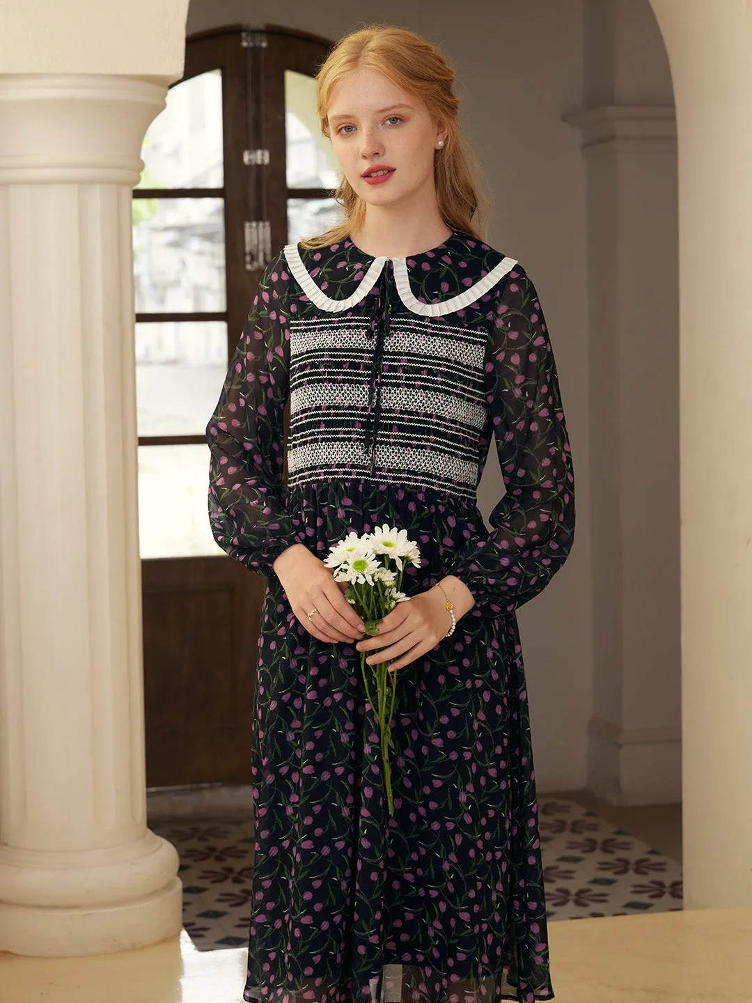 【Final Sale】Alisson Peter Pan Collar Lace-up Floral Print Dress sold by Simple Retro product image thumbnail 5