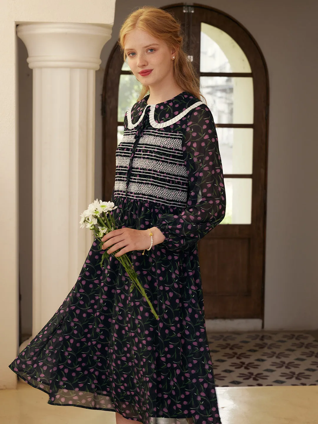 【Final Sale】Alisson Peter Pan Collar Lace-up Floral Print Dress sold by Simple Retro product image thumbnail 3