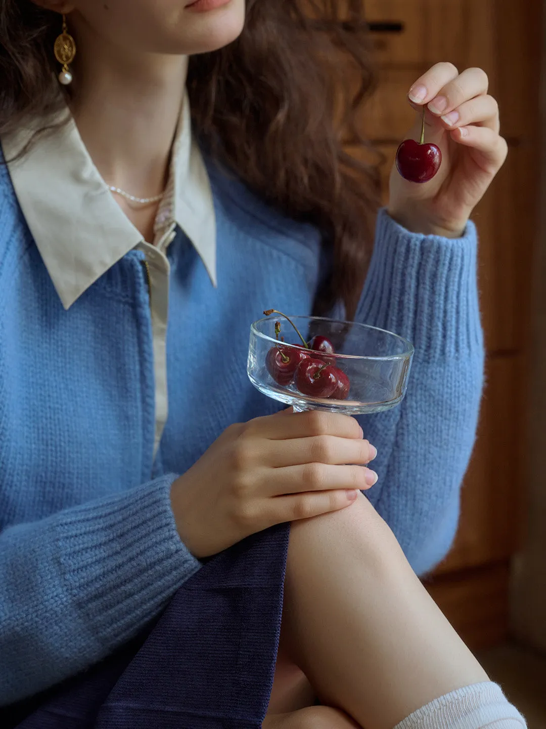 Khaleesi Classic Ribbed Crew Neck Pocket 100% Wool Cardigan-Blue sold by Simple Retro product image thumbnail 2