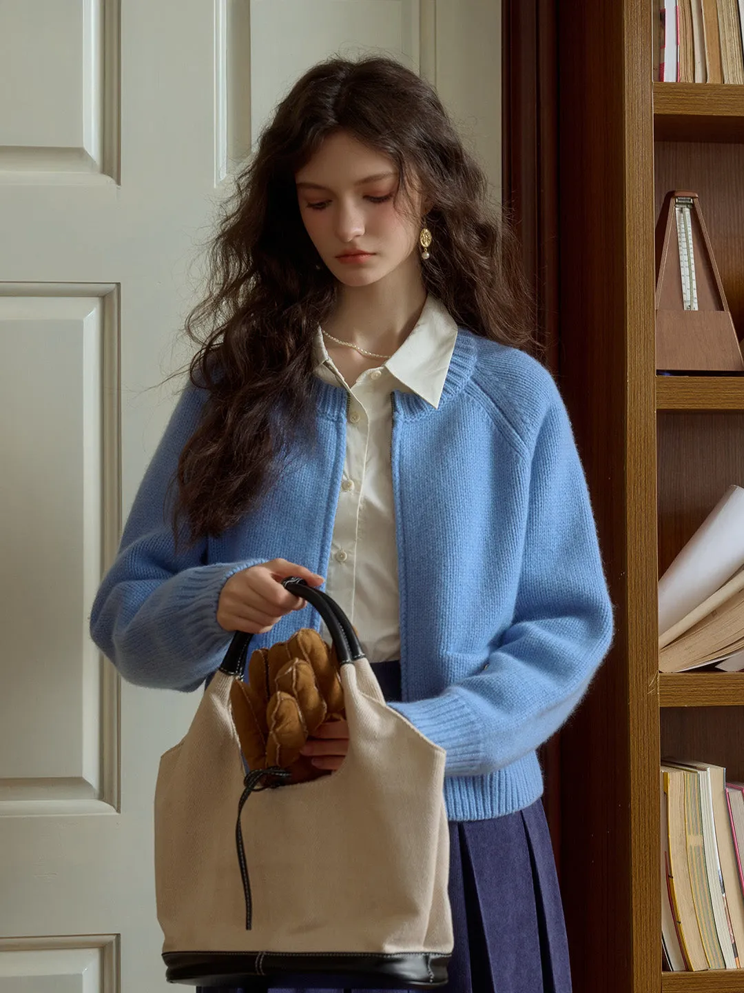 Khaleesi Classic Ribbed Crew Neck Pocket 100% Wool Cardigan-Blue sold by Simple Retro product image thumbnail 3