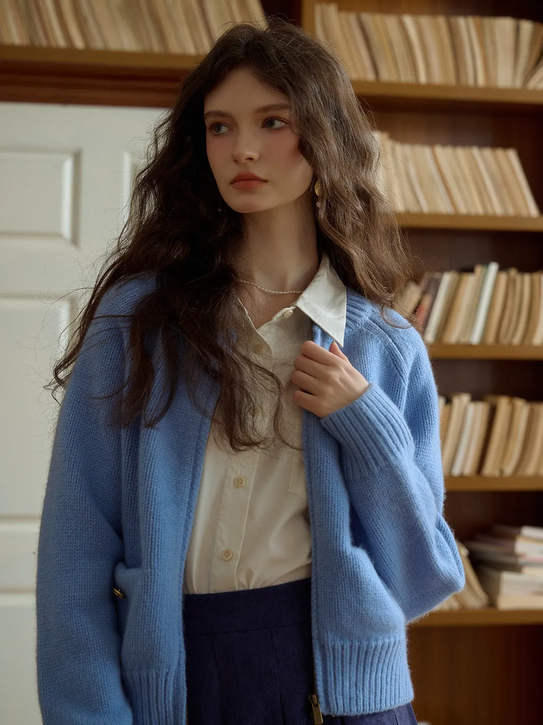 Khaleesi Classic Ribbed Crew Neck Pocket 100% Wool Cardigan-Blue sold by Simple Retro product image thumbnail 4