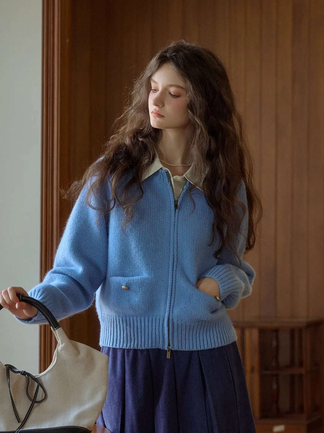 Khaleesi Classic Ribbed Crew Neck Pocket 100% Wool Cardigan-Blue sold by Simple Retro product image thumbnail 5