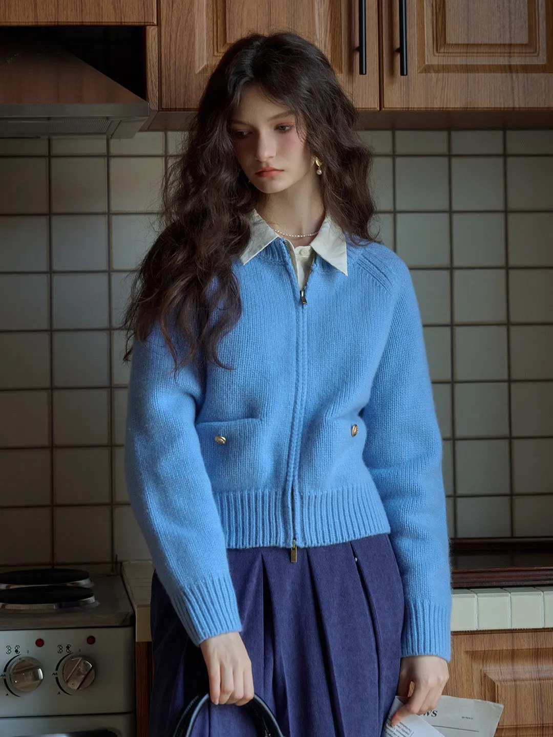 Khaleesi Classic Ribbed Crew Neck Pocket 100% Wool Cardigan-Blue sold by Simple Retro