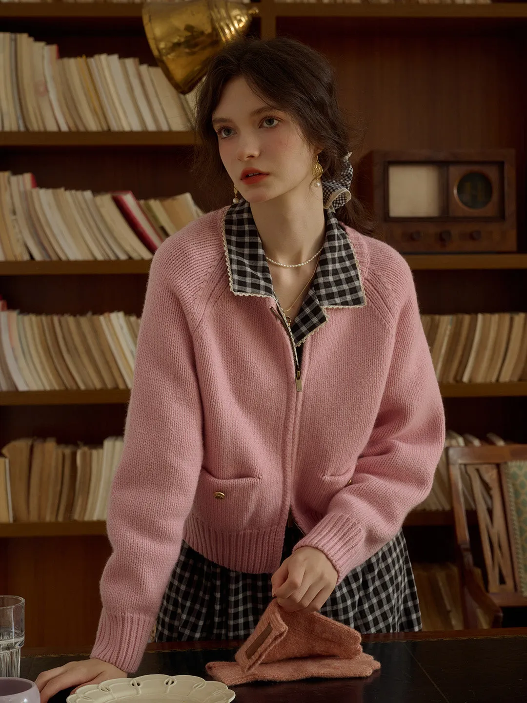 Khaleesi Classic Ribbed Crew Neck Pocket 100% Wool Cardigan-Pink sold by Simple Retro product image thumbnail 2