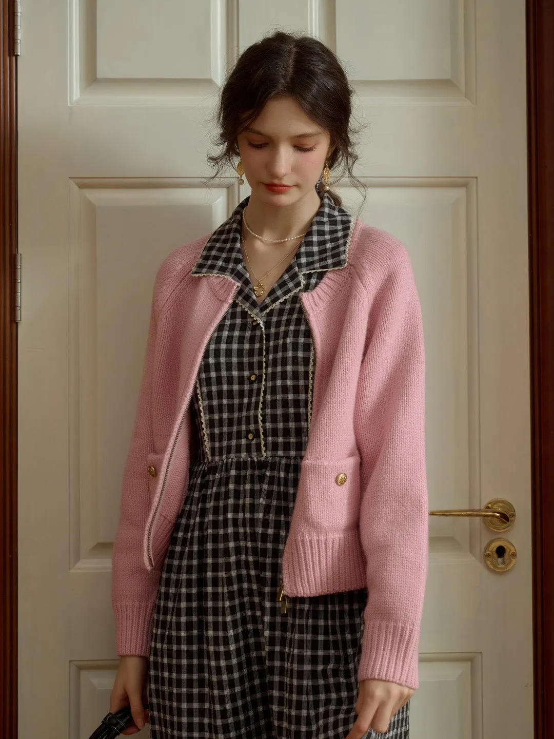 Khaleesi Classic Ribbed Crew Neck Pocket 100% Wool Cardigan-Pink sold by Simple Retro product image thumbnail 4