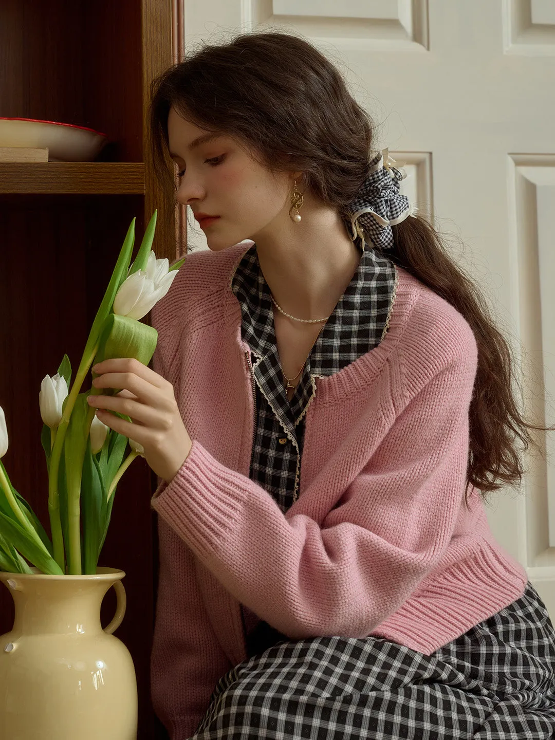 Khaleesi Classic Ribbed Crew Neck Pocket 100% Wool Cardigan-Pink sold by Simple Retro