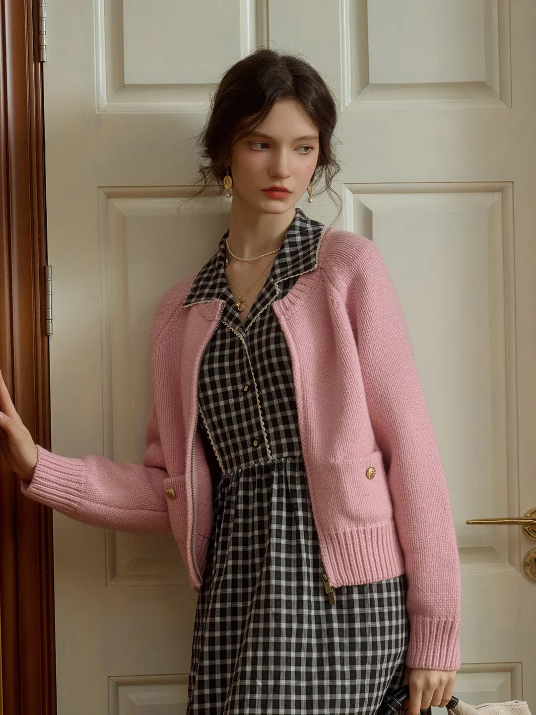 Khaleesi Classic Ribbed Crew Neck Pocket 100% Wool Cardigan-Pink sold by Simple Retro product image thumbnail 3