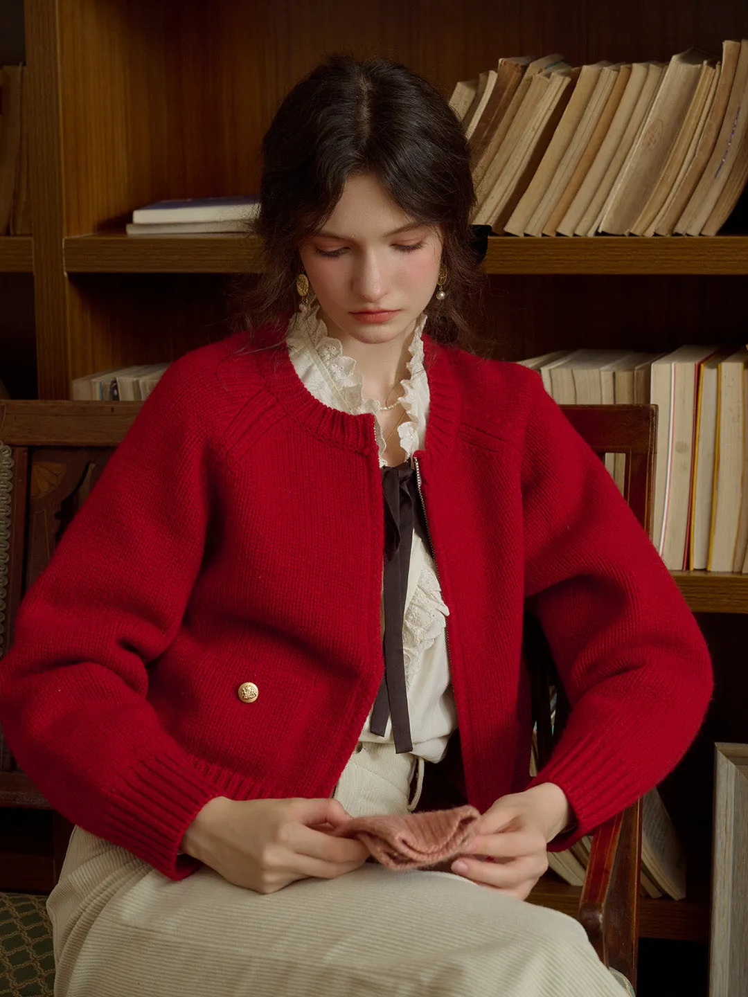 Khaleesi Classic Ribbed Crew Neck Pocket 100% Wool Cardigan-Red sold by Simple Retro