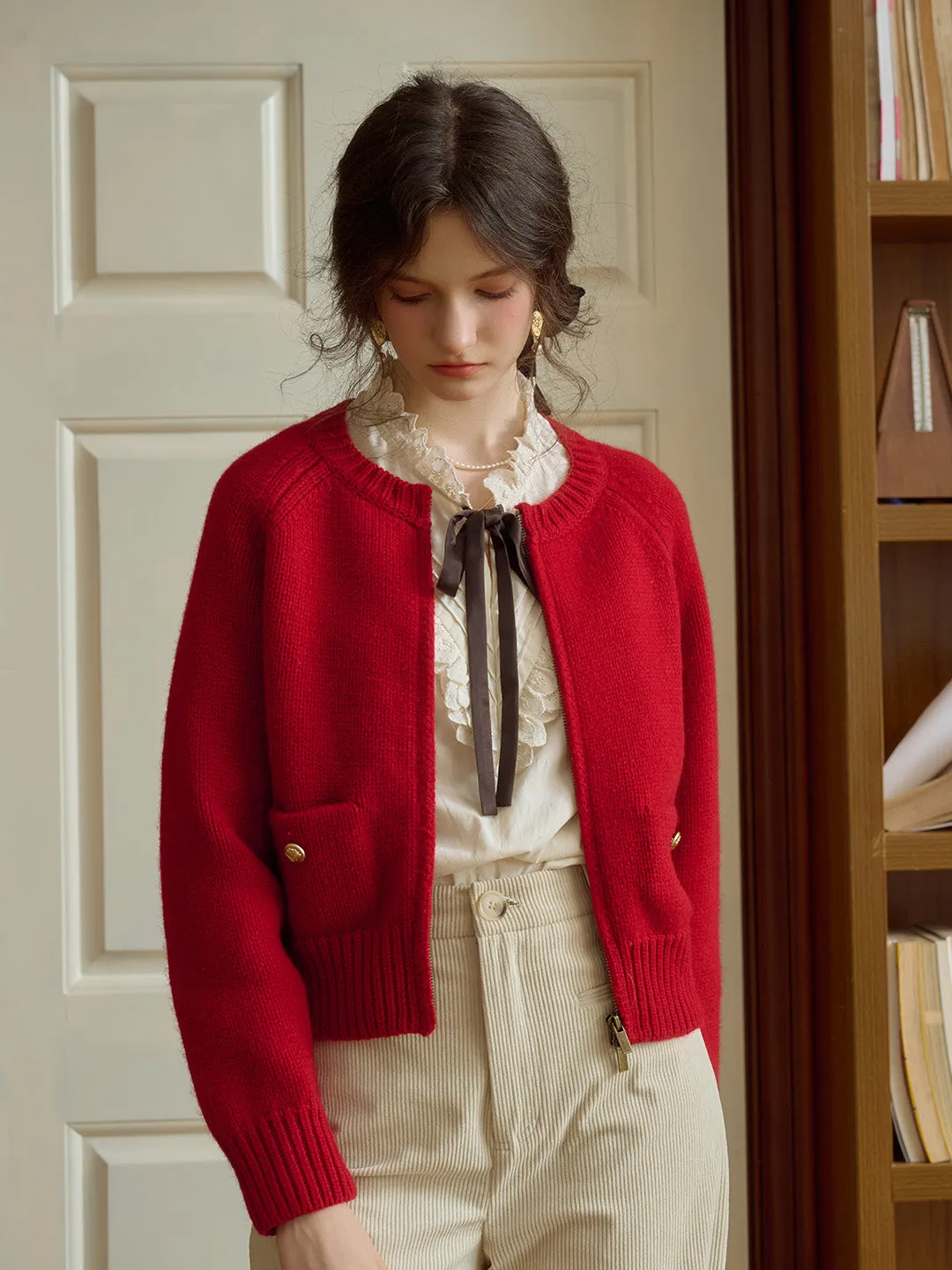 Khaleesi Classic Ribbed Crew Neck Pocket 100% Wool Cardigan-Red sold by Simple Retro product image thumbnail 2