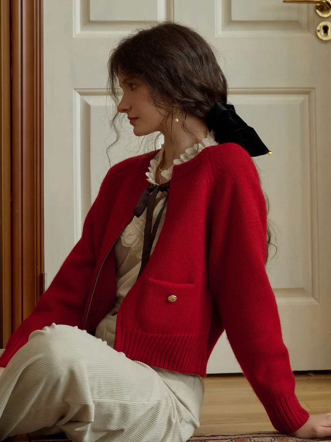 Khaleesi Classic Ribbed Crew Neck Pocket 100% Wool Cardigan-Red sold by Simple Retro product image thumbnail 4