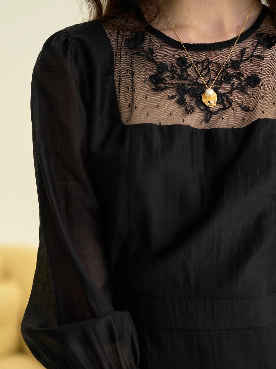 Carolyn Round Neck Mesh Embroidered Trimmed Sleeve Dress sold by Simple Retro product image thumbnail 2