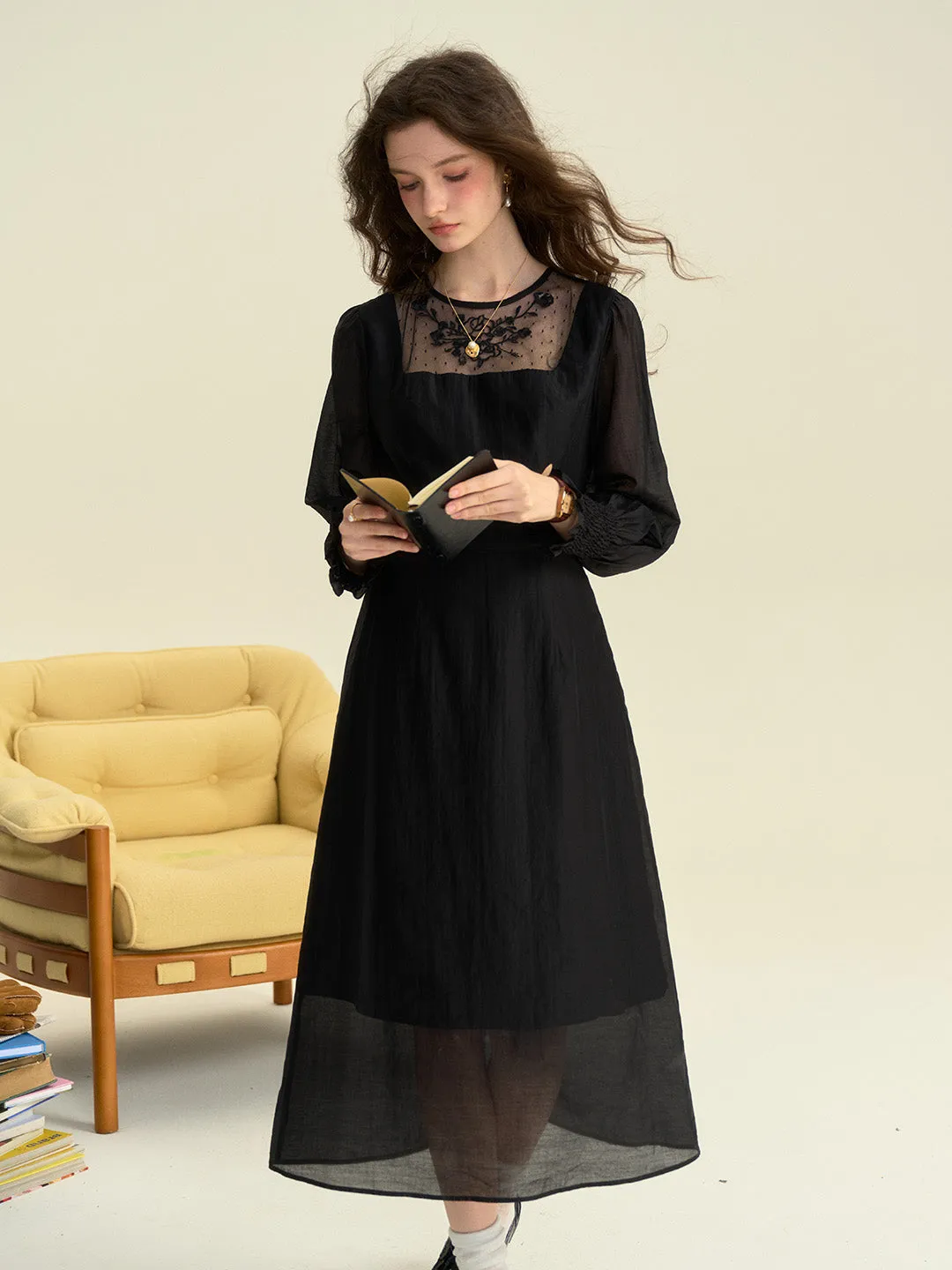 Carolyn Round Neck Mesh Embroidered Trimmed Sleeve Dress sold by Simple Retro product image thumbnail 4