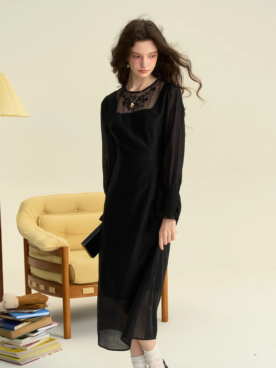 Carolyn Round Neck Mesh Embroidered Trimmed Sleeve Dress sold by Simple Retro product image thumbnail 5