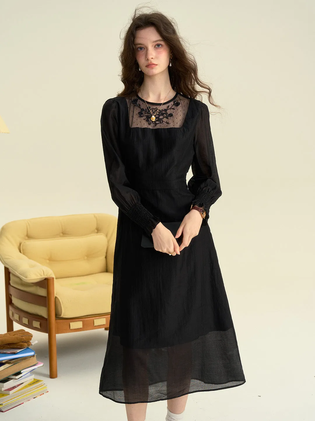 Carolyn Round Neck Mesh Embroidered Trimmed Sleeve Dress sold by Simple Retro product image thumbnail 3